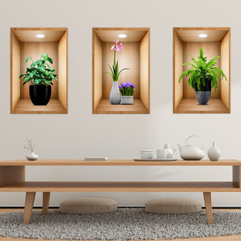 3D Plant Vase Wall Sticker 3Pcs-Self Adhesive