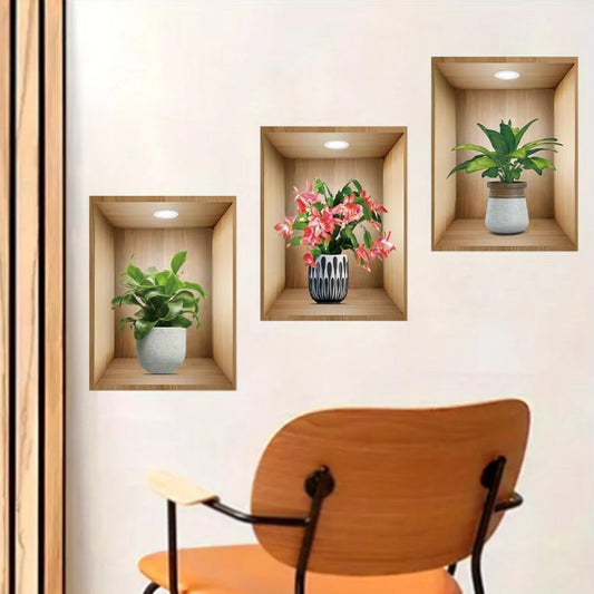 3D Plant Vase Wall Sticker 3Pcs-Self Adhesive