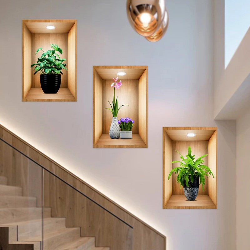 3D Plant Vase Wall Sticker 3Pcs-Self Adhesive