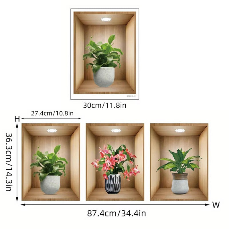 3D Plant Vase Wall Sticker 3Pcs-Self Adhesive